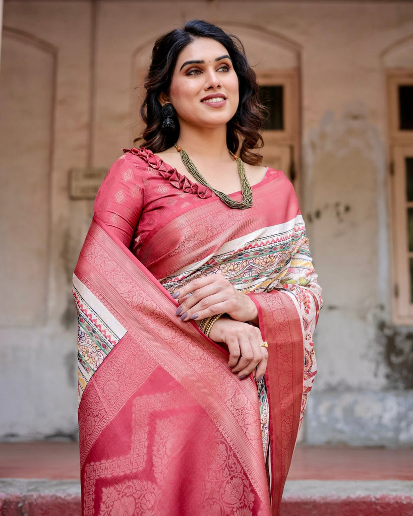 Red and Multicolor Digital Print Banarasi Silk Saree with Zari Weave and Tassel-Adorned Pallu BANARASI PRINTED