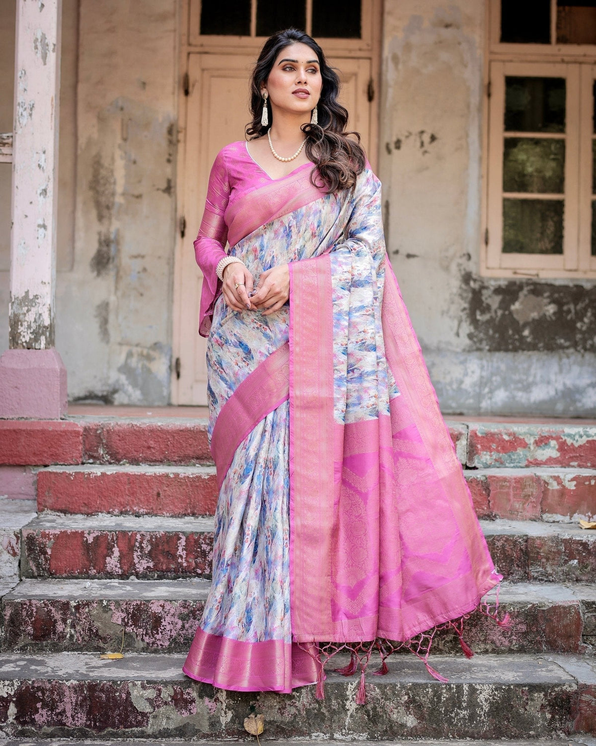 White and Pink Floral Digital Print Banarasi Silk Saree with Zari Weave and Tassel-Embellished Pallu BANARASI PRINTED Main image