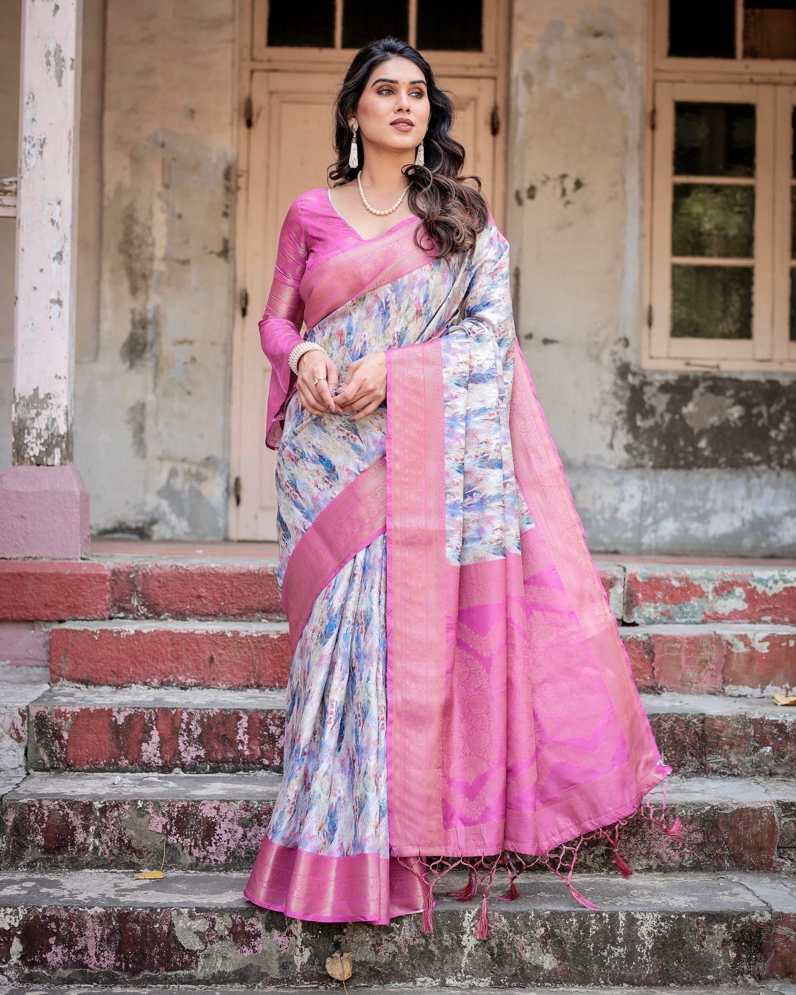 White and Pink Floral Digital Print Banarasi Silk Saree with Zari Weave and Tassel-Embellished Pallu BANARASI PRINTED Main image