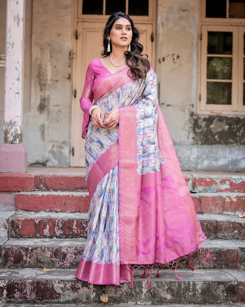 White and Pink Floral Digital Print Banarasi Silk Saree with Zari Weave and Tassel-Embellished Pallu BANARASI PRINTED
