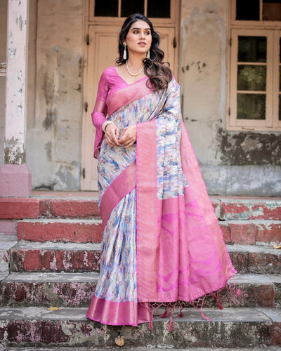 White and Pink Floral Digital Print Banarasi Silk Saree with Zari Weave and Tassel-Embellished Pallu BANARASI PRINTED