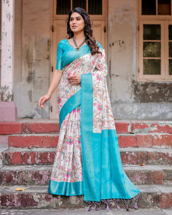 White and Aqua Floral Design Banarasi Silk Saree with Zari Weave and Tassel-Embellished Pallu BANARASI PRINTED