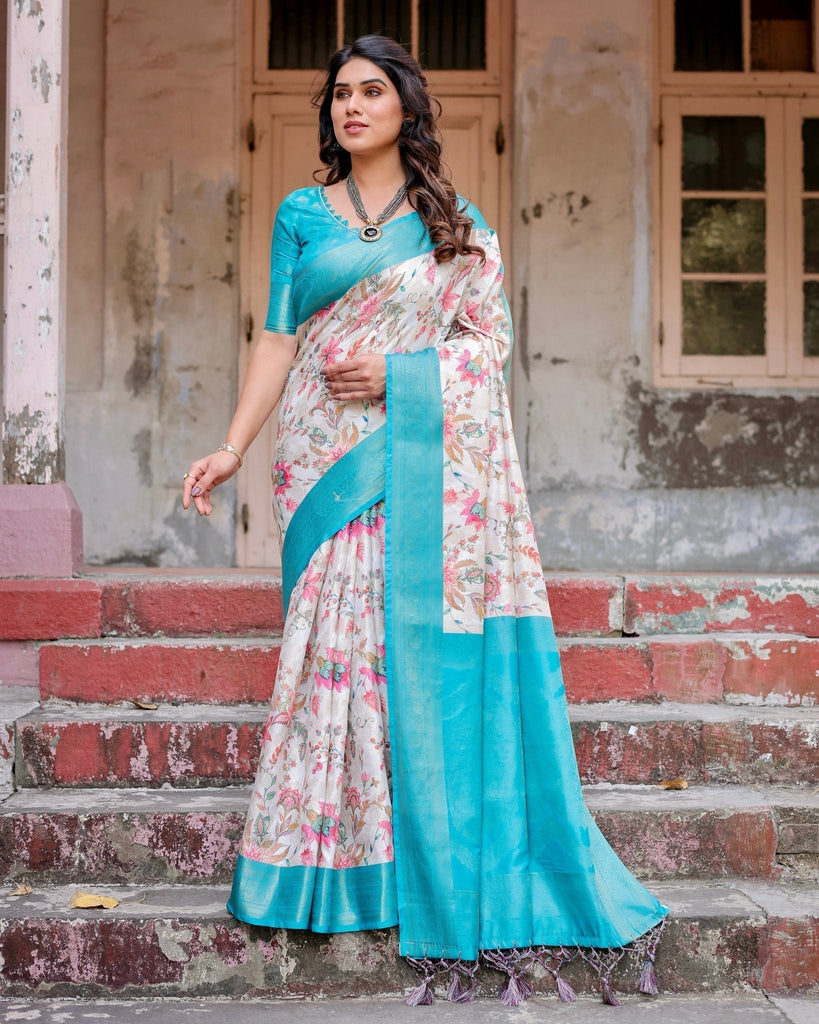 White and Aqua Floral Design Banarasi Silk Saree with Zari Weave and Tassel-Embellished Pallu BANARASI PRINTED