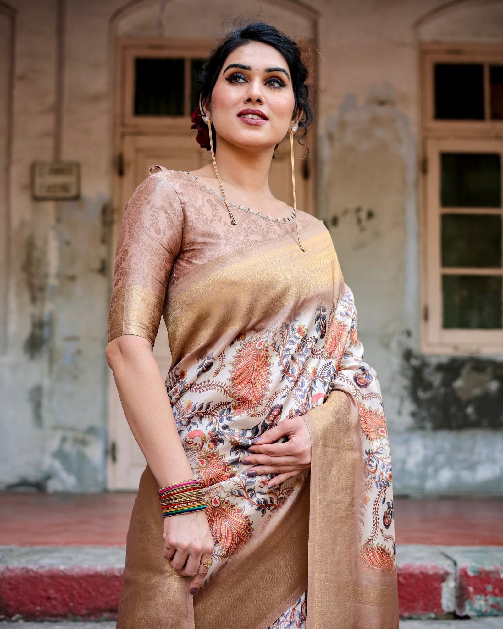 Elegant Beige Floral Banarasi Silk Saree with Zari Weave and Tassels BANARASI PRINTED