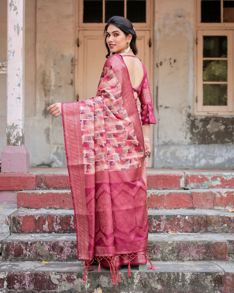 Pink and Maroon Abstract Digital Print Banarasi Silk Saree with Zari Weave and Tassel-Embellished Pallu BANARASI PRINTED