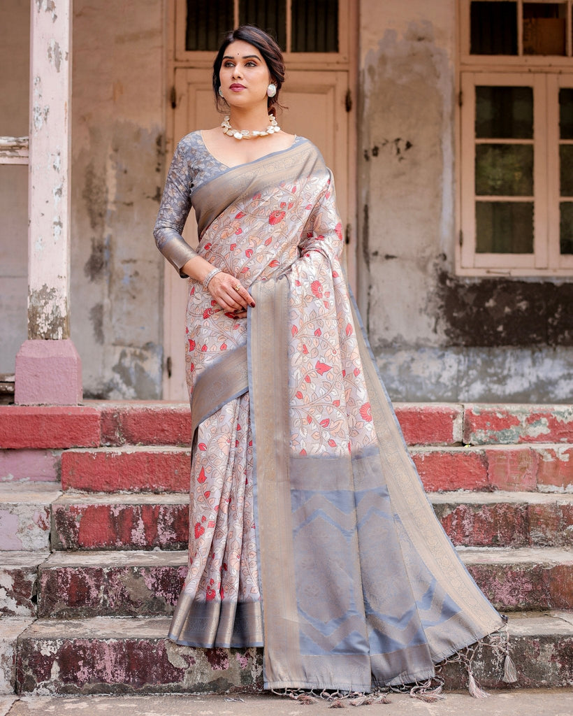 Elegant Grey Banarasi Silk Saree with Intricate Floral Design and Zari Weave BANARASI PRINTED