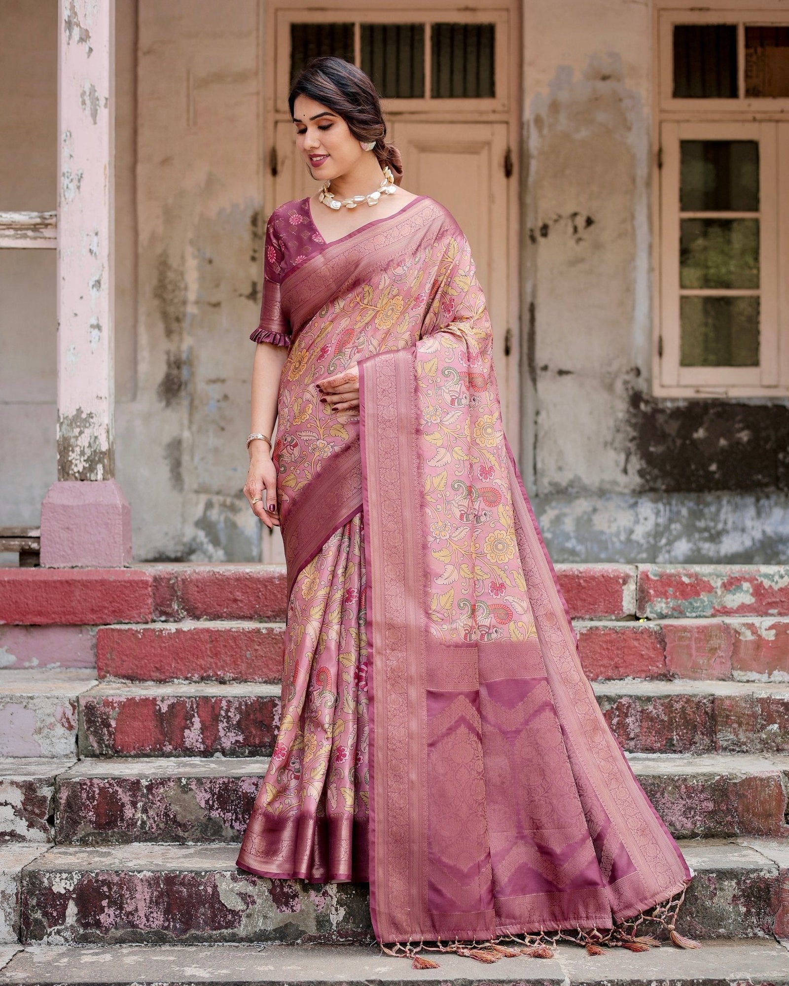 Elegant Pink Banarasi Silk Saree with Floral Zari Weaving and Tassel-Embellished Pallu BANARASI PRINTED