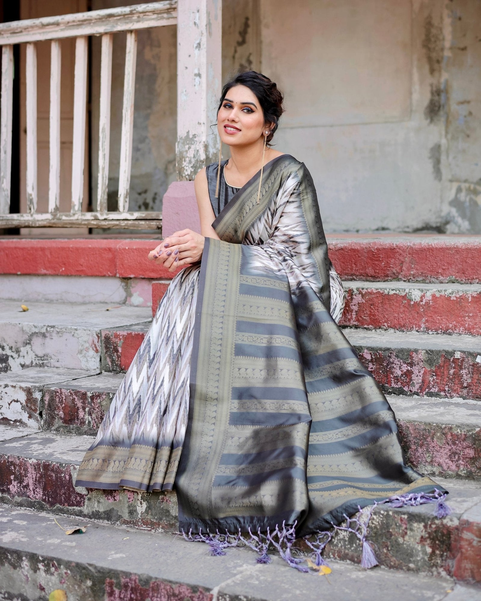 Elegant Banarasi Silk Saree with Zari Weaving and Tassels in Shades of Grey and Black BANARASI PRINTED