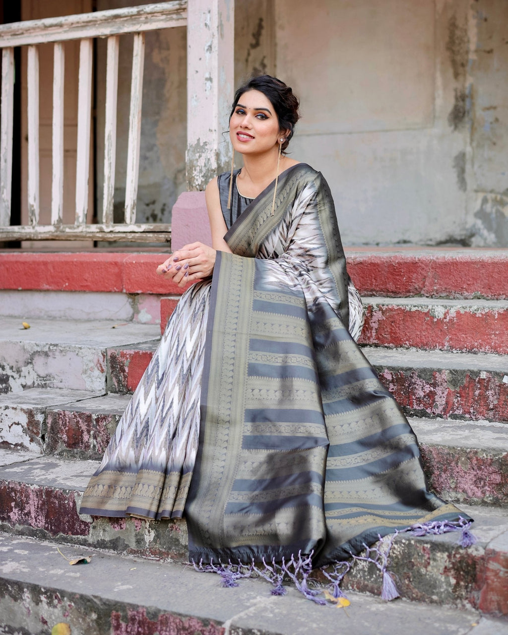 Elegant Banarasi Silk Saree with Zari Weaving and Tassels in Shades of Grey and Black BANARASI PRINTED