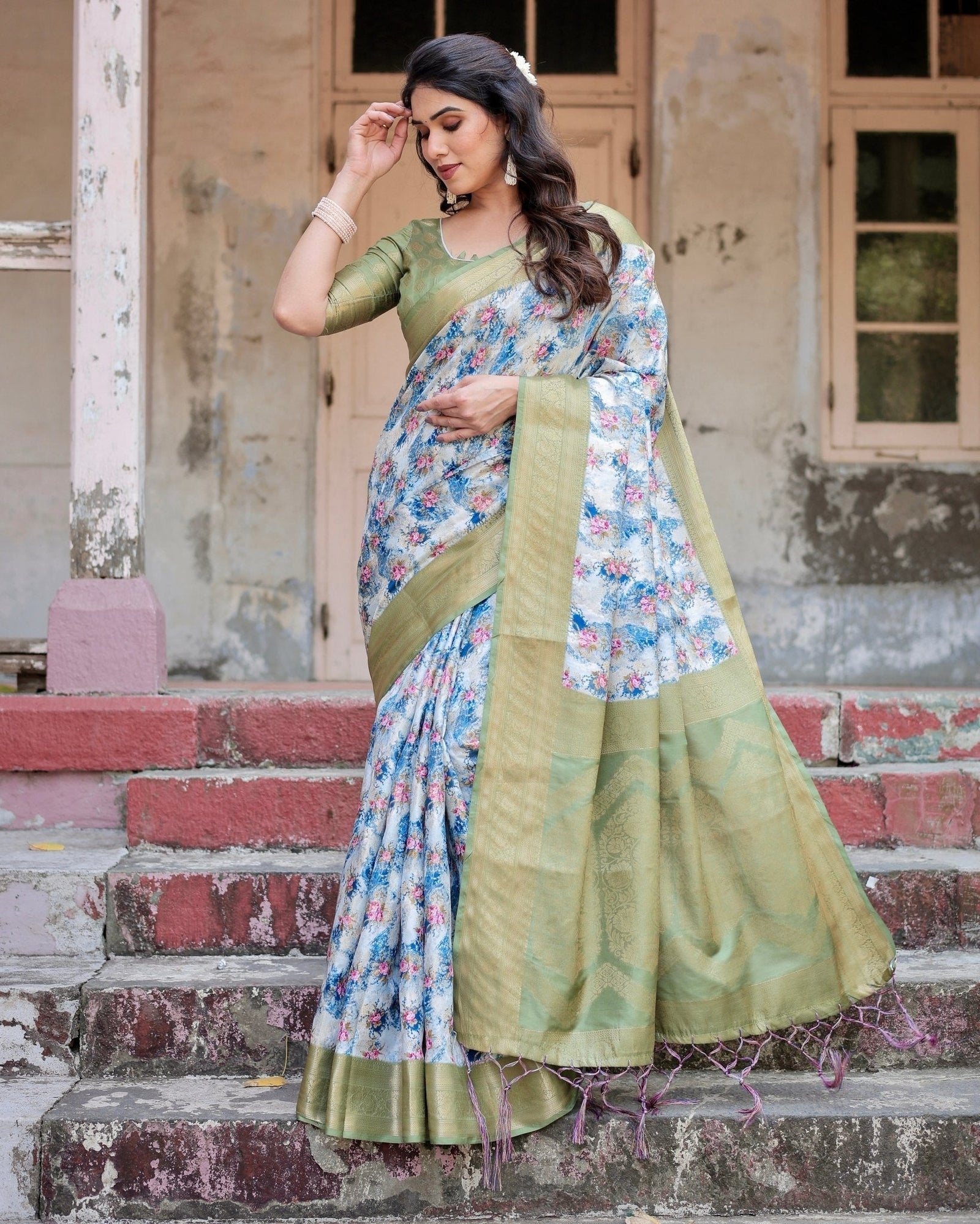 Blue and Green Floral Digital Print Banarasi Silk Saree with Zari Weave and Tassel-Embellished Pallu BANARASI PRINTED