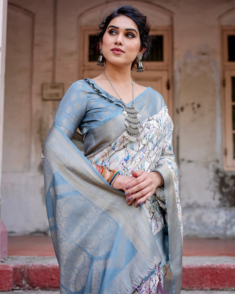 Elegant Light Blue Banarasi Silk Saree with Floral Design and Zari Weaved Pallu BANARASI PRINTED