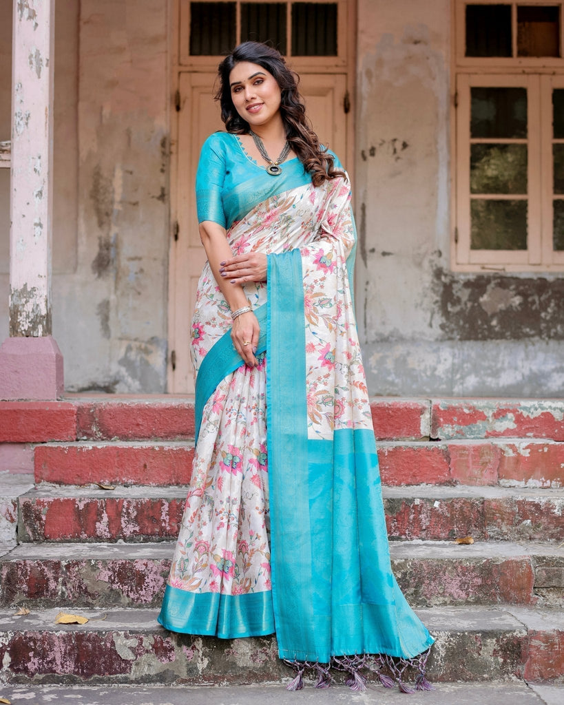 White and Aqua Floral Design Banarasi Silk Saree with Zari Weave and Tassel-Embellished Pallu BANARASI PRINTED