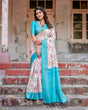 Load image into Gallery viewer, White and Aqua Floral Design Banarasi Silk Saree with Zari Weave and Tassel-Embellished Pallu BANARASI PRINTED