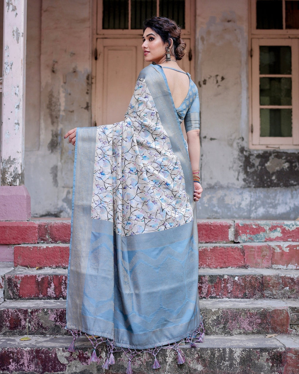Elegant Light Blue Banarasi Silk Saree with Floral Design and Zari Weaved Pallu BANARASI PRINTED