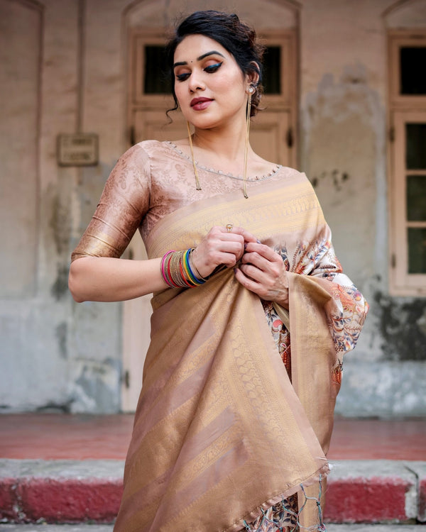 Elegant Beige Floral Banarasi Silk Saree with Zari Weave and Tassels BANARASI PRINTED