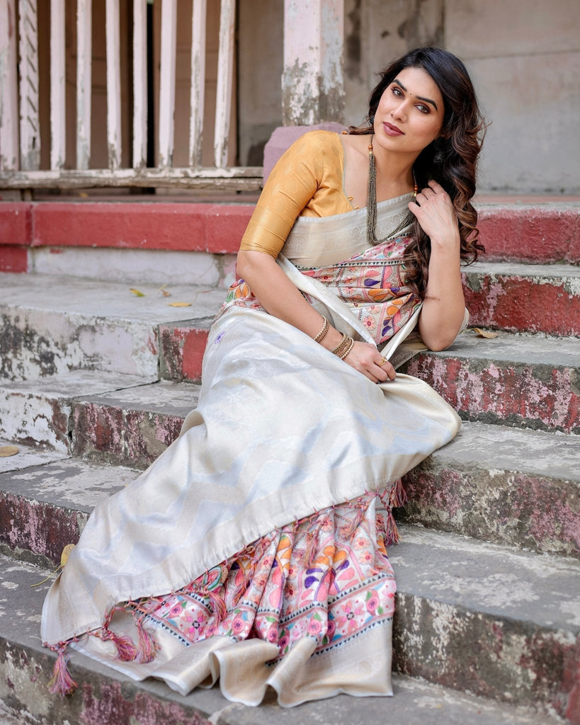Off-White and Multicolor Mandala Design Banarasi Silk Saree with Zari Weave and Tassel-Adorned Pallu BANARASI PRINTED