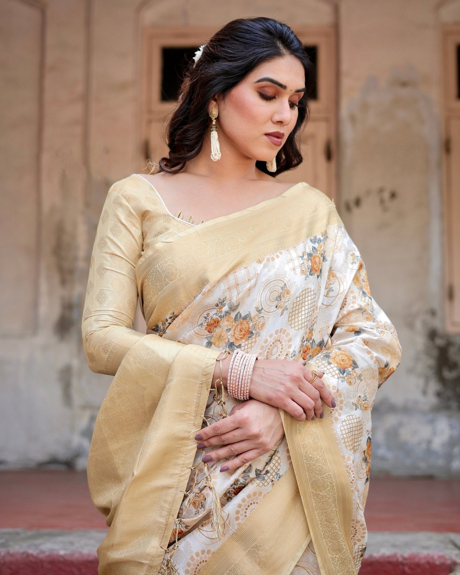Ivory and Gold Banarasi Silk Saree with Floral Print, Zari Border, and Tassels BANARASI PRINTED
