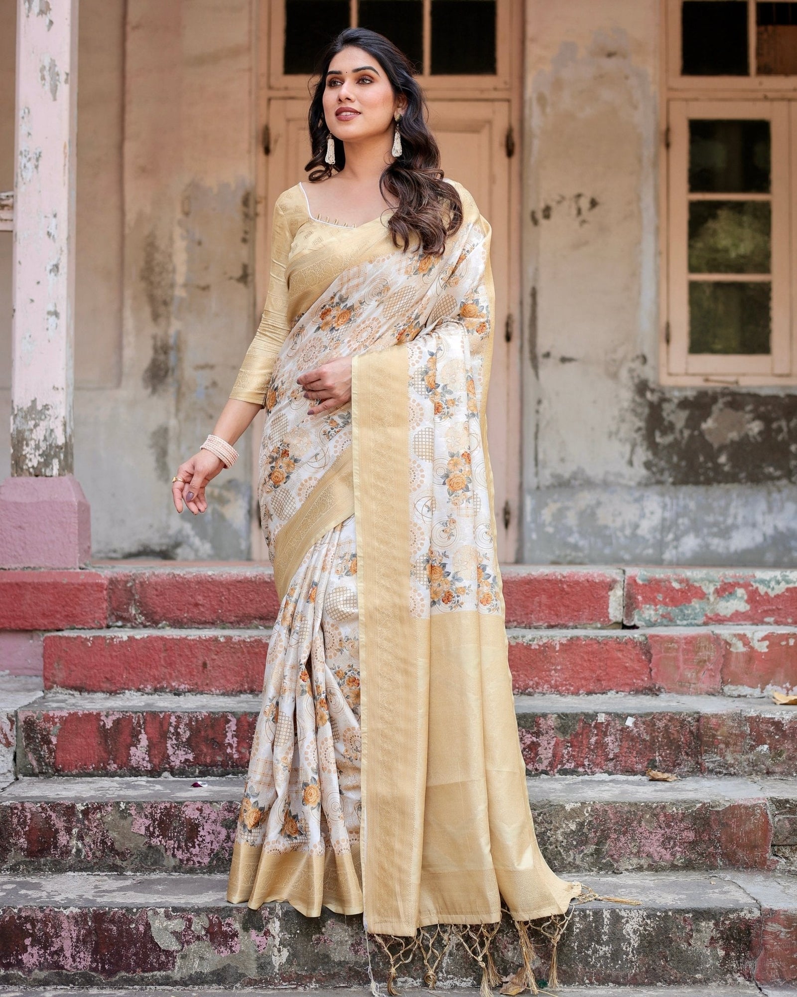 Ivory and Gold Banarasi Silk Saree with Floral Print, Zari Border, and Tassels BANARASI PRINTED