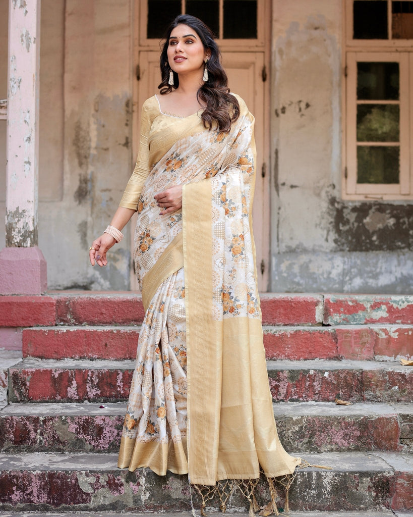 Ivory and Gold Banarasi Silk Saree with Floral Print, Zari Border, and Tassels BANARASI PRINTED