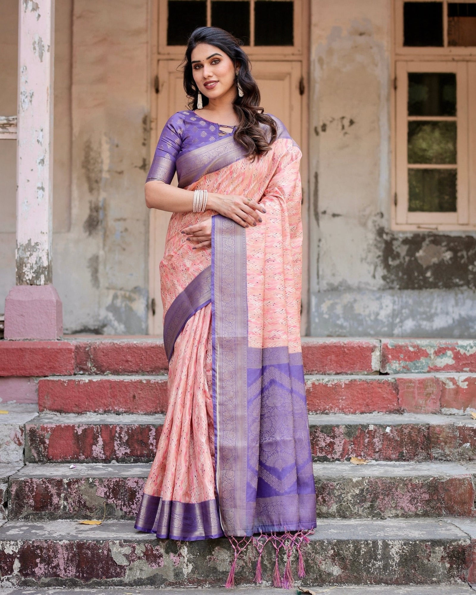 Peach and Purple Floral Digital Print Banarasi Silk Saree with Zari Weave and Tassel-Adorned Pallu BANARASI PRINTED