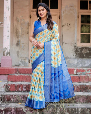 Yellow and Blue Ikat Digital Print Banarasi Silk Saree with Zari Weave and Tassel-Embellished Pallu BANARASI PRINTED