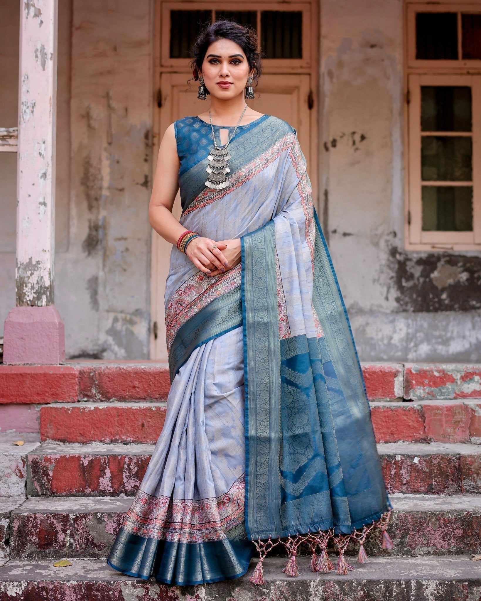Elegant Blue and Beige Banarasi Silk Saree with Ornate Zari Weaving and Tassels BANARASI PRINTED Main image
