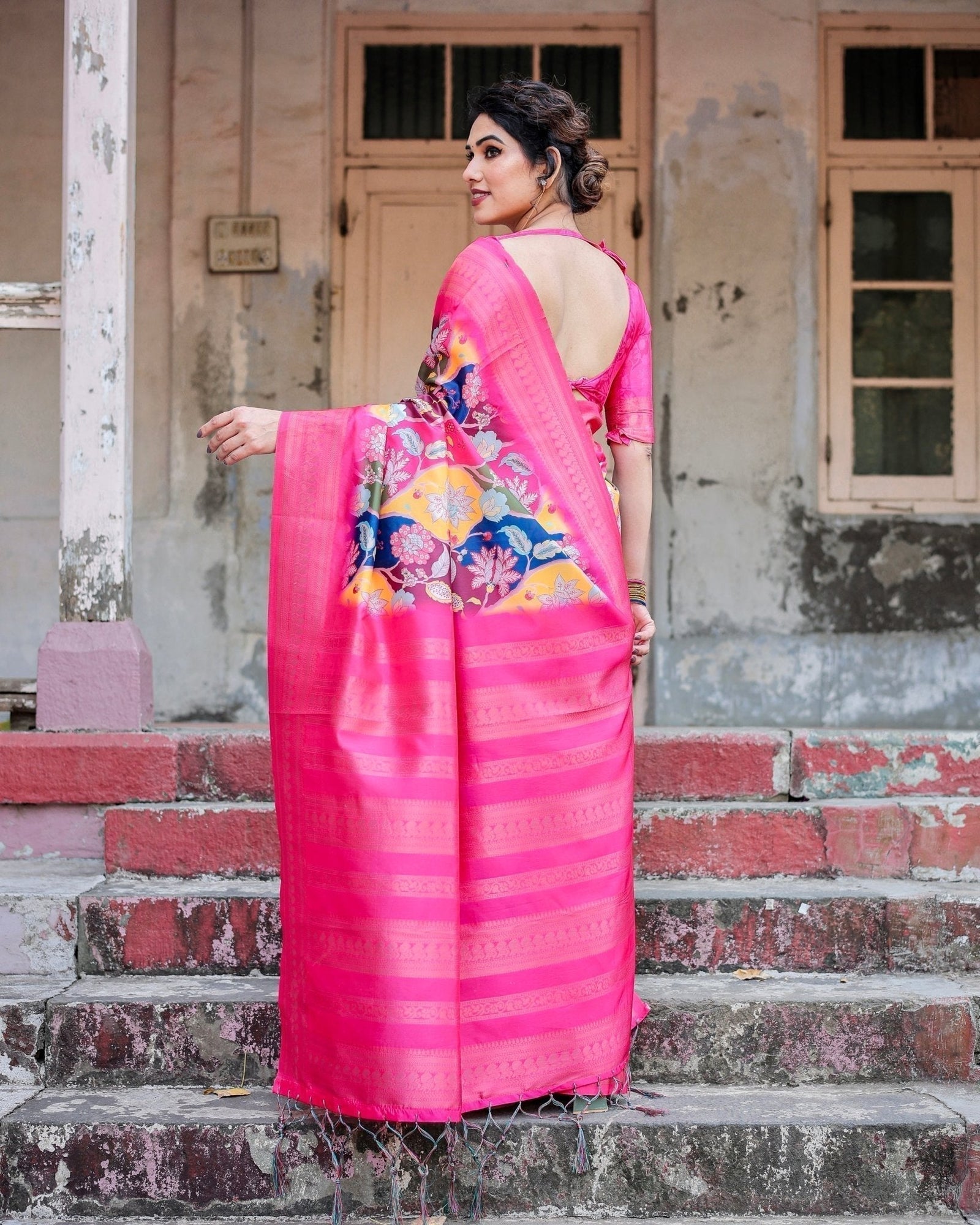 Hot Pink Multicolor Floral Digital Printed Banarasi Silk Saree with Zari Woven Border and Solid Pink Pallu - Includes Tassels BANARASI PRINTED