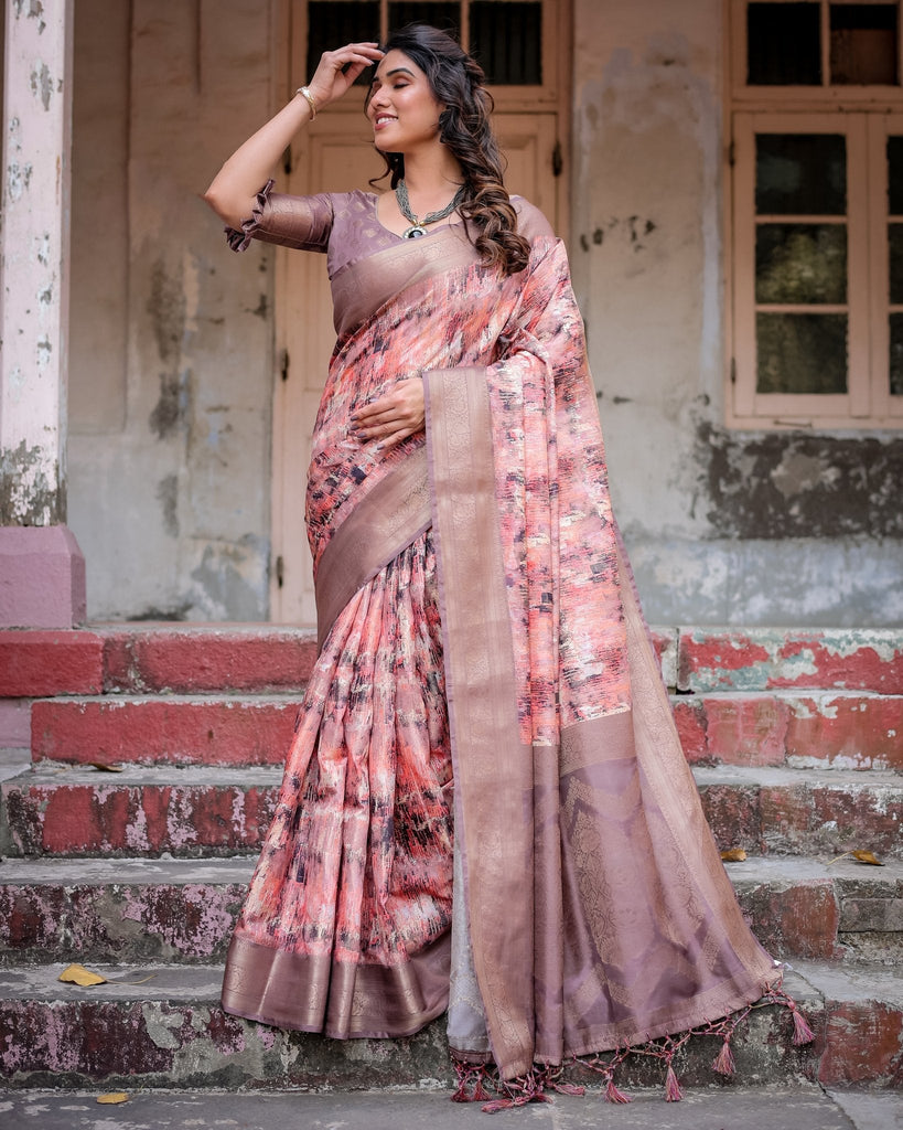 Peach and Brown Abstract Design Banarasi Silk Saree with Zari Weave and Tassel-Embellished Pallu BANARASI PRINTED