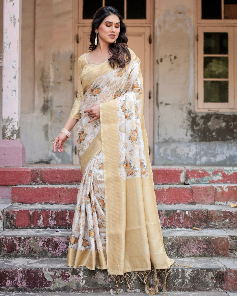 Ivory and Gold Banarasi Silk Saree with Floral Print, Zari Border, and Tassels BANARASI PRINTED