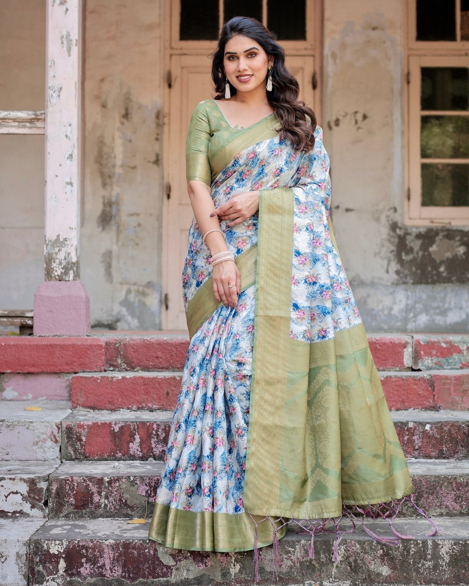 Blue and Green Floral Digital Print Banarasi Silk Saree with Zari Weave and Tassel-Embellished Pallu BANARASI PRINTED
