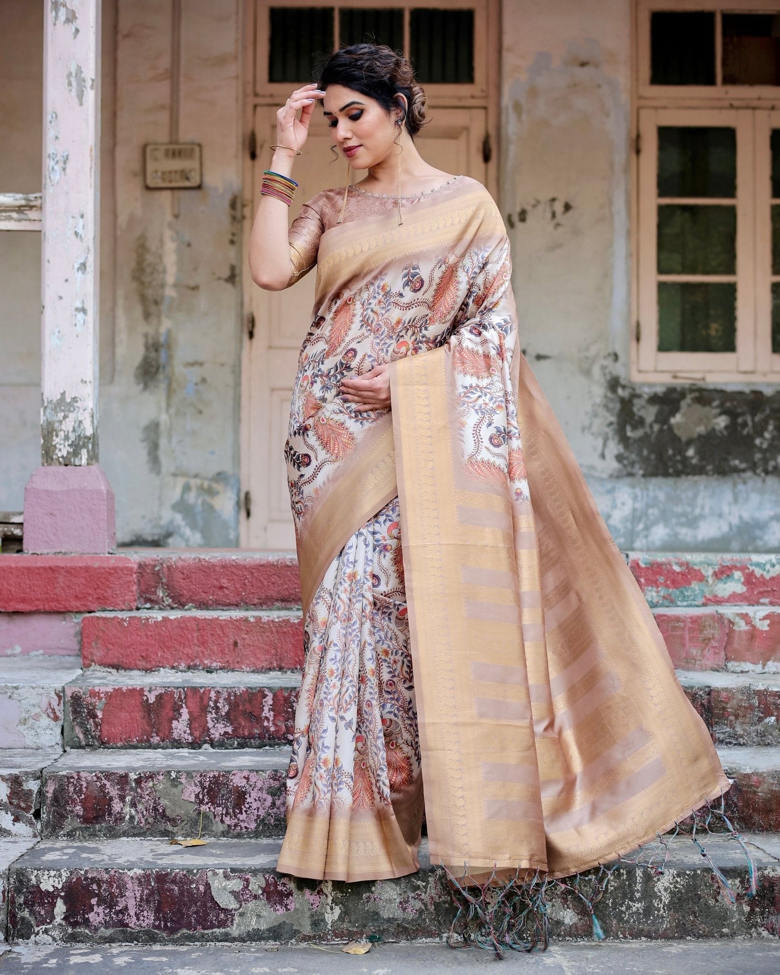 Elegant Beige Floral Banarasi Silk Saree with Zari Weave and Tassels BANARASI PRINTED