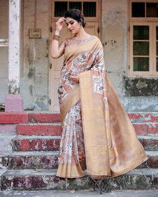 Elegant Beige Floral Banarasi Silk Saree with Zari Weave and Tassels BANARASI PRINTED