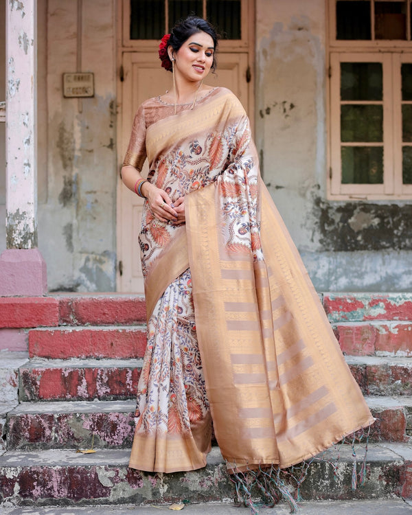 Elegant Beige Floral Banarasi Silk Saree with Zari Weave and Tassels BANARASI PRINTED