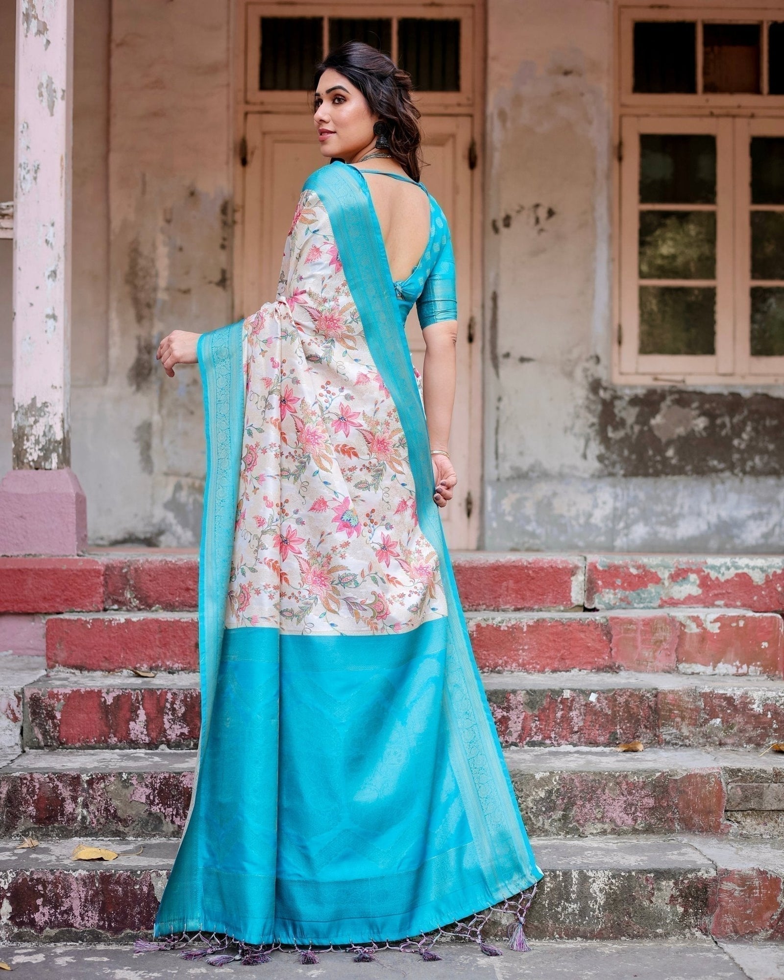 White and Aqua Floral Design Banarasi Silk Saree with Zari Weave and Tassel-Embellished Pallu BANARASI PRINTED