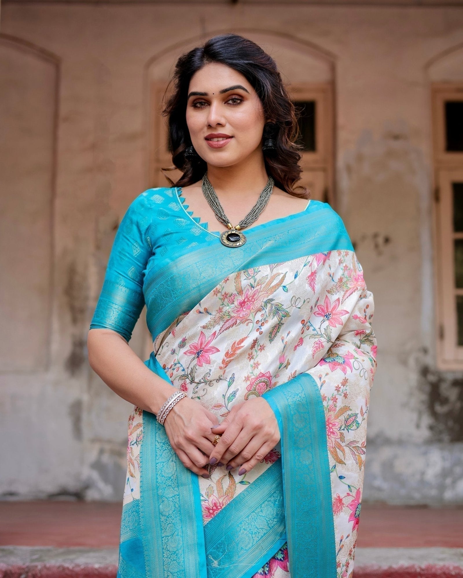 White and Aqua Floral Design Banarasi Silk Saree with Zari Weave and Tassel-Embellished Pallu BANARASI PRINTED