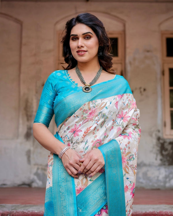 White and Aqua Floral Design Banarasi Silk Saree with Zari Weave and Tassel-Embellished Pallu BANARASI PRINTED