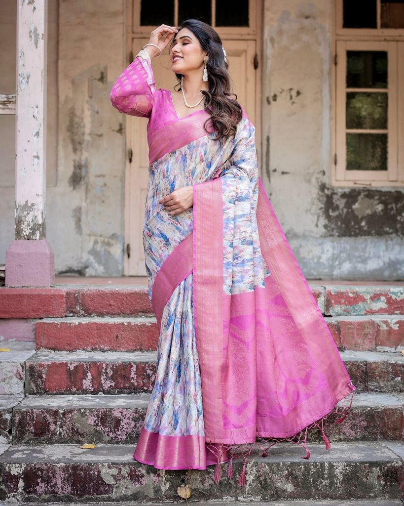 White and Pink Floral Digital Print Banarasi Silk Saree with Zari Weave and Tassel-Embellished Pallu BANARASI PRINTED