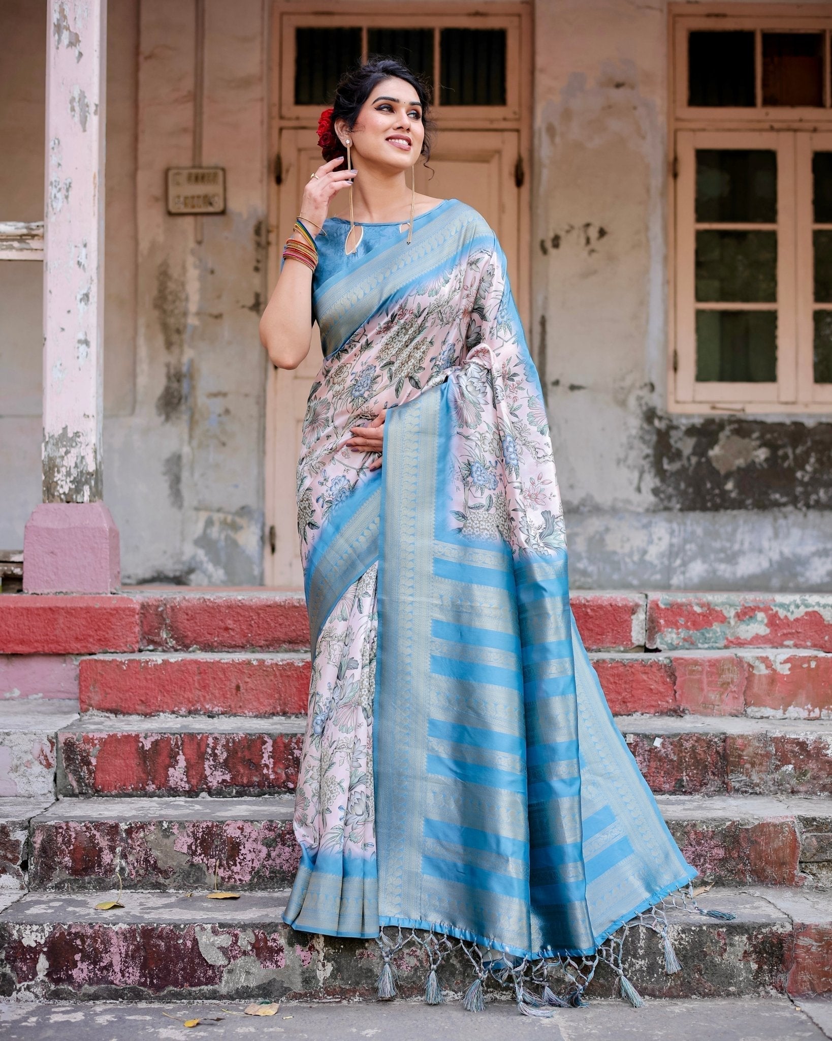 Elegant Floral Banarasi Silk Saree in Sky Blue and Blush Pink with Zari Weave and Tassels BANARASI PRINTED Main image