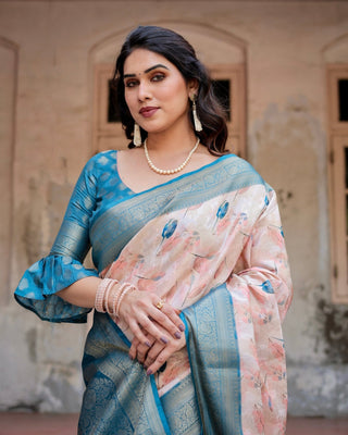 Peach and Teal Floral Digital Print Banarasi Silk Saree with Zari Weave and Tassel-Adorned Pallu BANARASI PRINTED