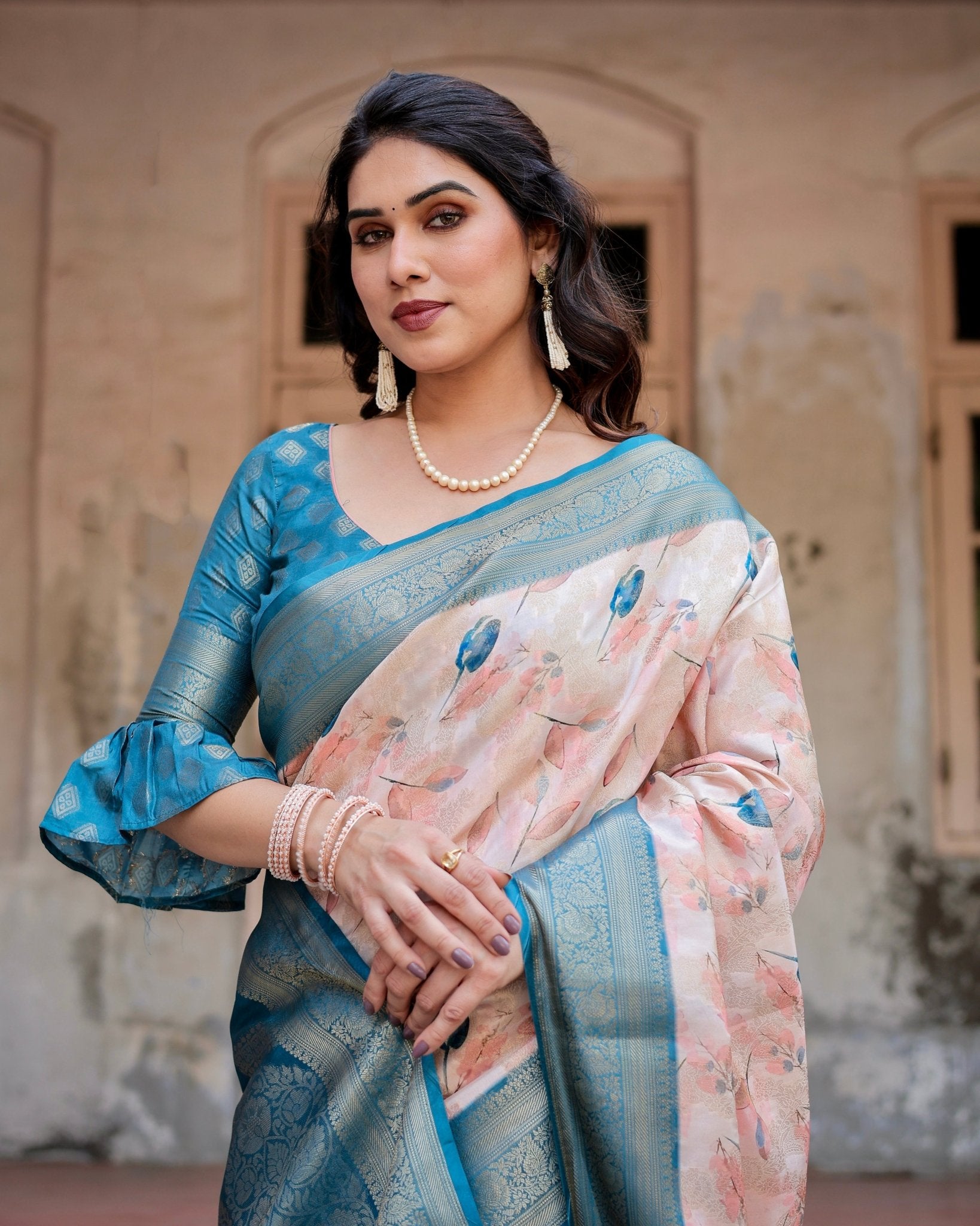 Peach and Teal Floral Digital Print Banarasi Silk Saree with Zari Weave and Tassel-Adorned Pallu BANARASI PRINTED