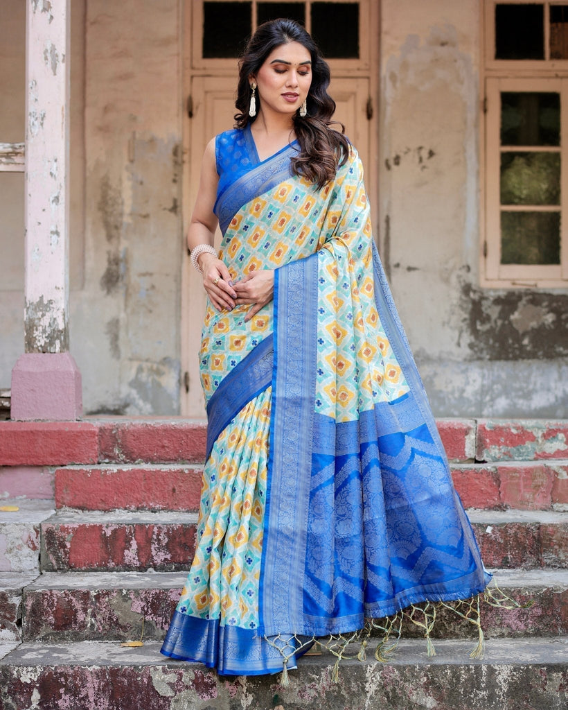 Yellow and Blue Ikat Digital Print Banarasi Silk Saree with Zari Weave and Tassel-Embellished Pallu BANARASI PRINTED
