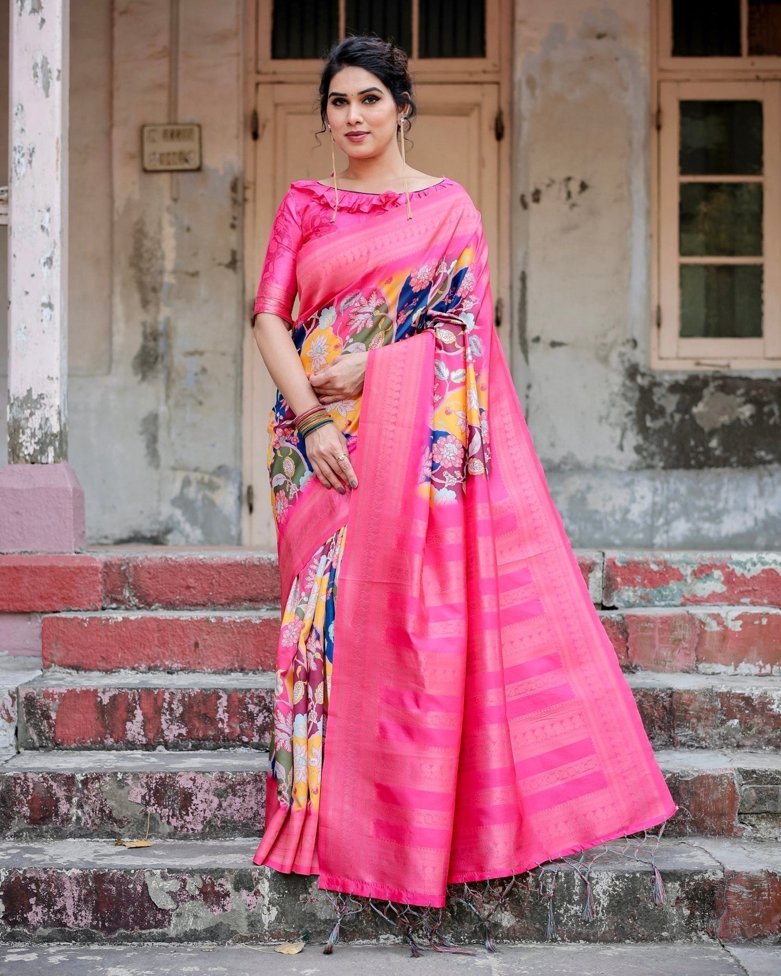 Hot Pink Multicolor Floral Digital Printed Banarasi Silk Saree with Zari Woven Border and Solid Pink Pallu - Includes Tassels BANARASI PRINTED