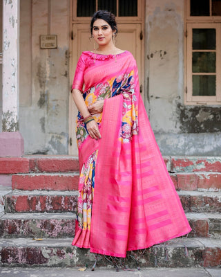 Hot Pink Multicolor Floral Digital Printed Banarasi Silk Saree with Zari Woven Border and Solid Pink Pallu - Includes Tassels BANARASI PRINTED