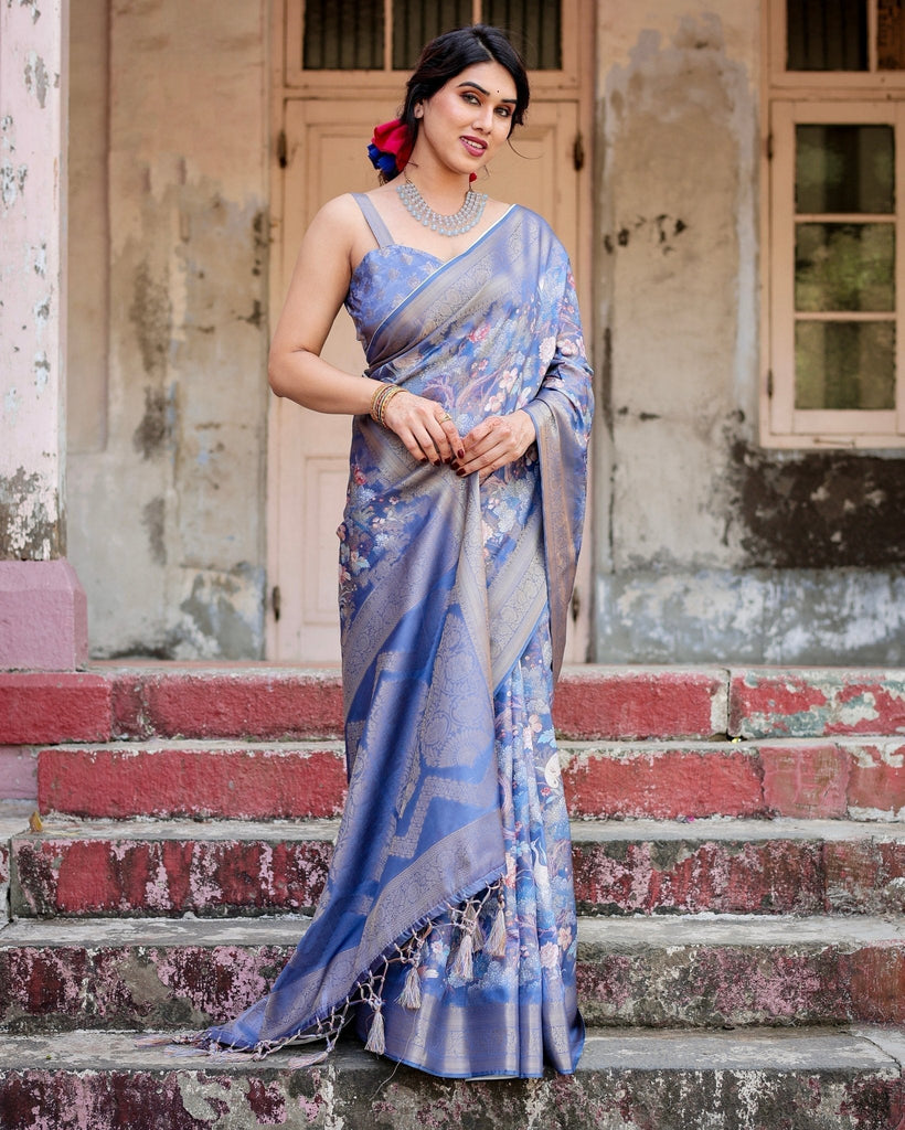 Majestic Blue Banarasi Silk Saree with Delicate Floral Zari Work and Tassel-Embellished Pallu BANARASI PRINTED