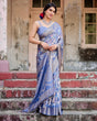Load image into Gallery viewer, Majestic Blue Banarasi Silk Saree with Delicate Floral Zari Work and Tassel-Embellished Pallu BANARASI PRINTED