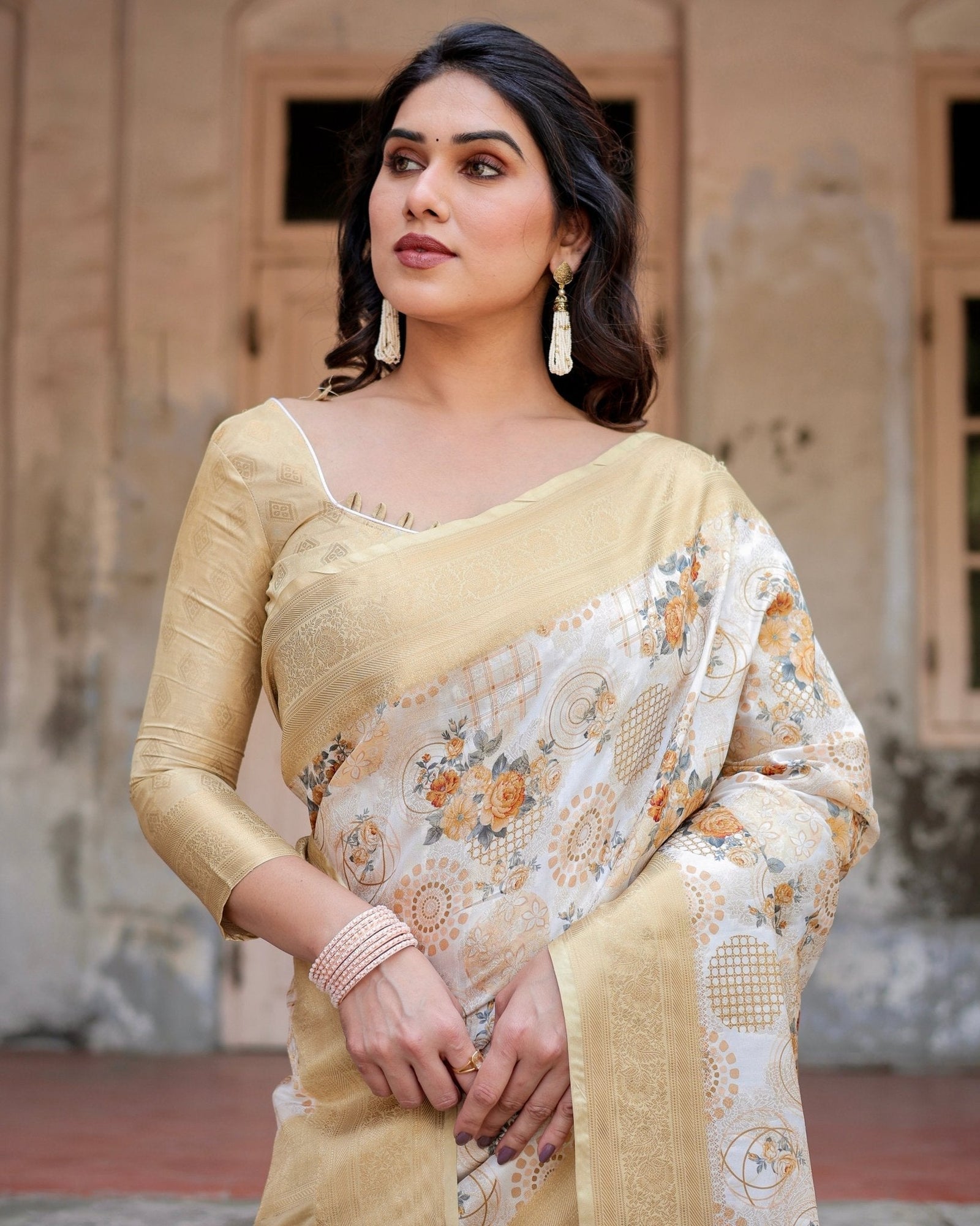 Ivory and Gold Banarasi Silk Saree with Floral Print, Zari Border, and Tassels BANARASI PRINTED