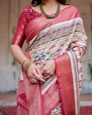 Red and Multicolor Digital Print Banarasi Silk Saree with Zari Weave and Tassel-Adorned Pallu BANARASI PRINTED
