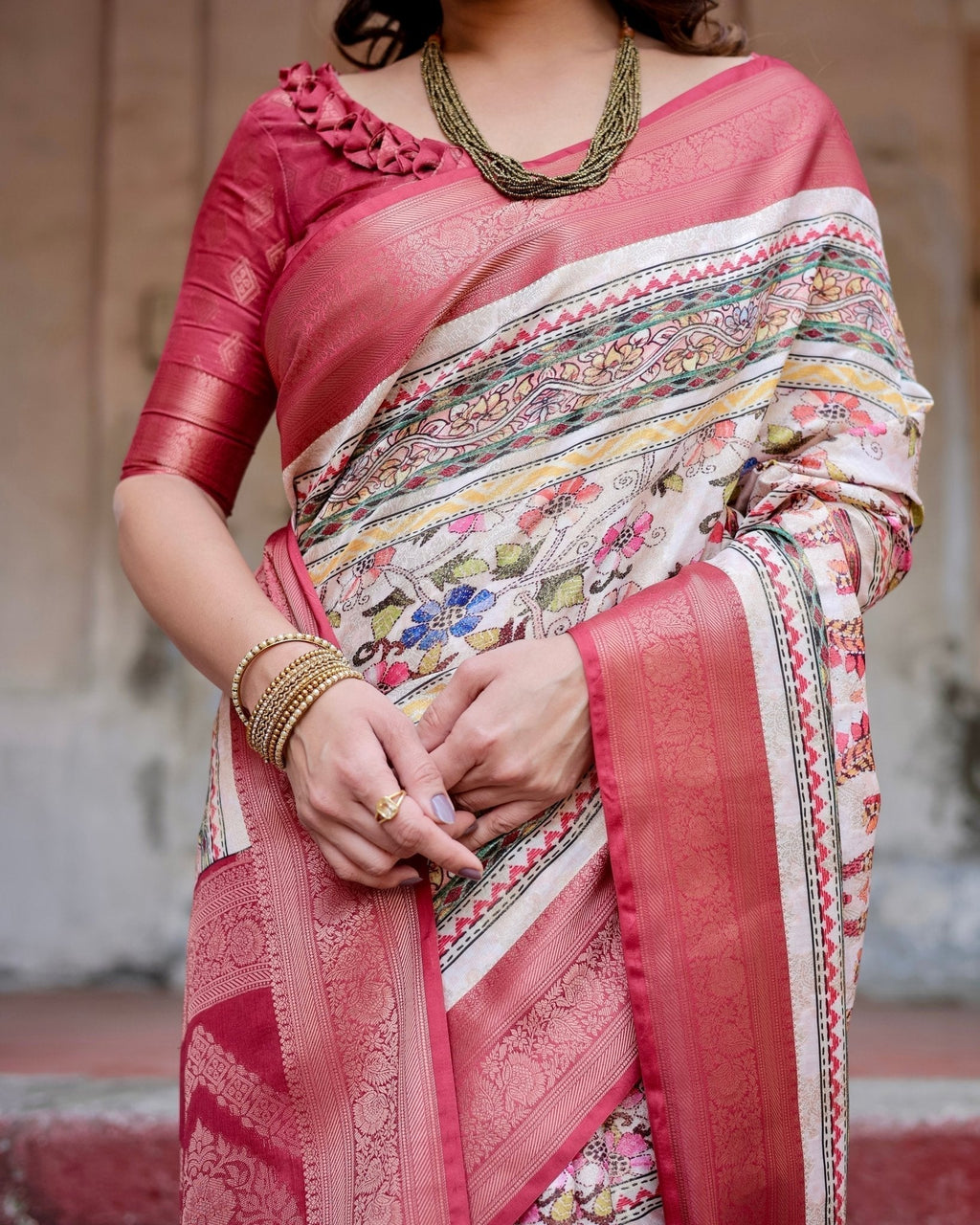 Red and Multicolor Digital Print Banarasi Silk Saree with Zari Weave and Tassel-Adorned Pallu BANARASI PRINTED