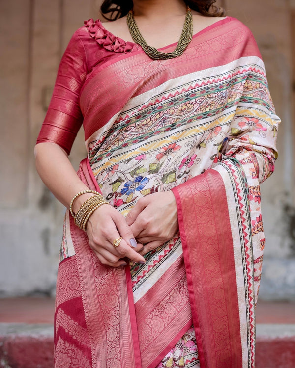 Red and Multicolor Digital Print Banarasi Silk Saree with Zari Weave and Tassel-Adorned Pallu BANARASI PRINTED