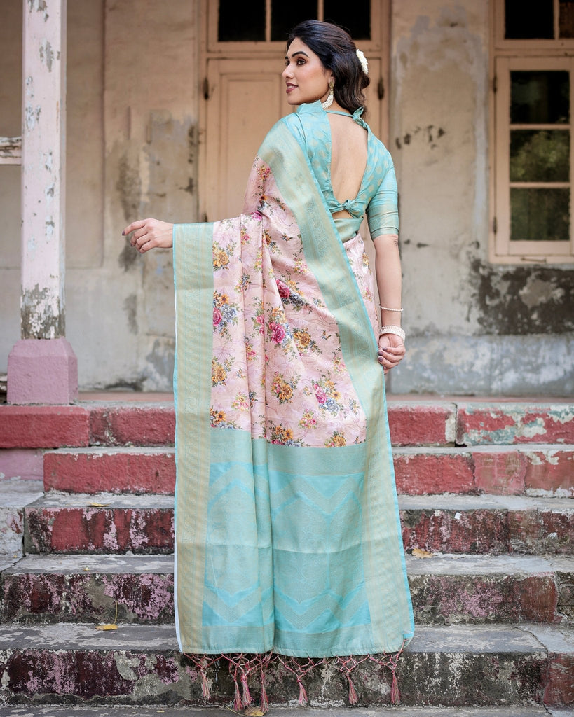 Pink and Green Floral Digital Print Banarasi Silk Saree with Zari Weave and Tassel Pallu BANARASI PRINTED
